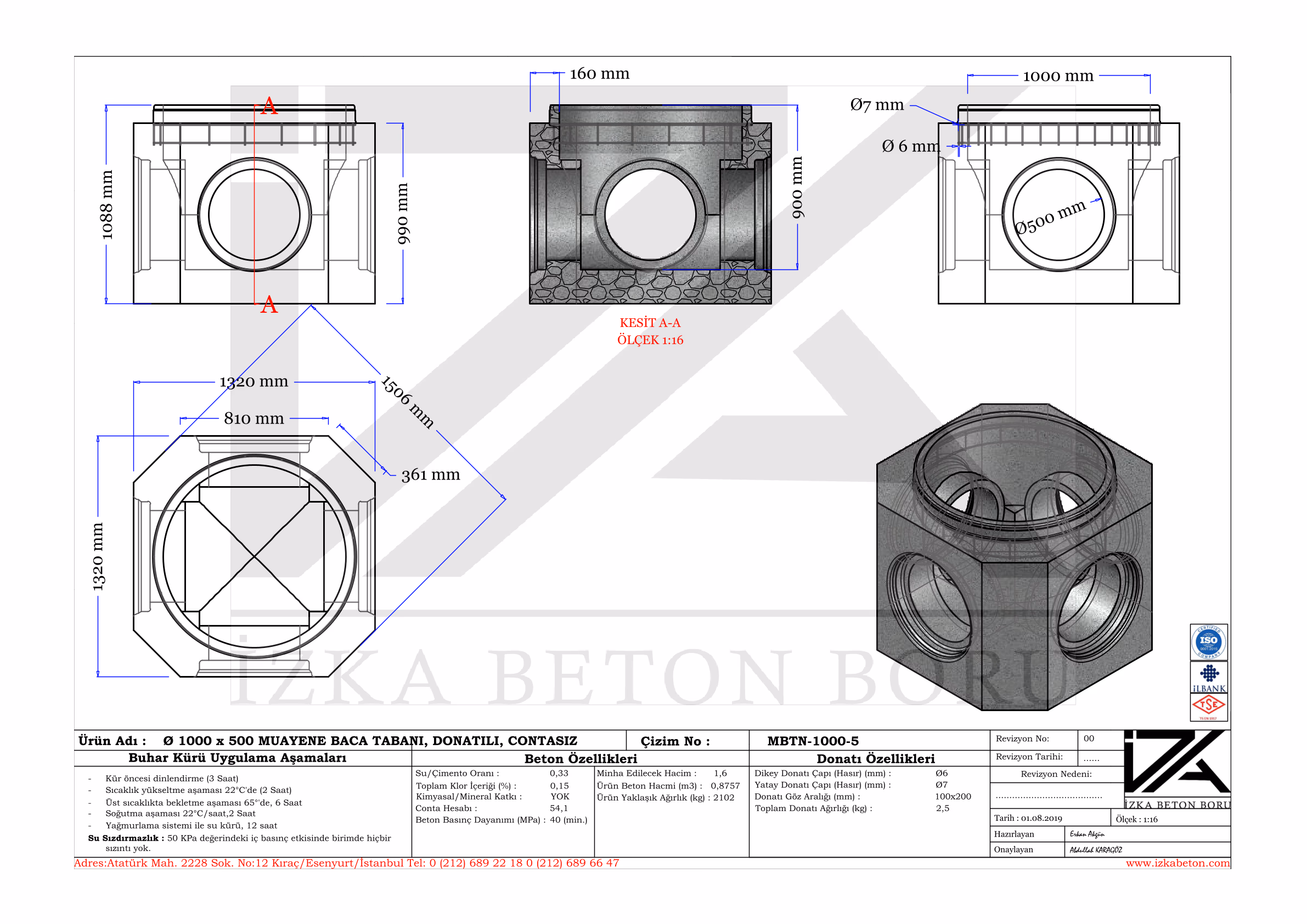 1000x500mm Muayene Düz Baca Tabanı Teknik Çizim