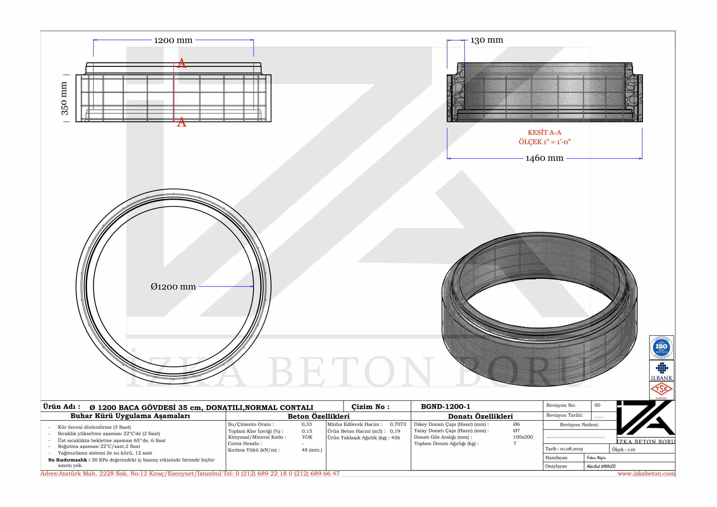 1200mm Muayene Beton Baca Gövdesi 35cm Teknik Çizim