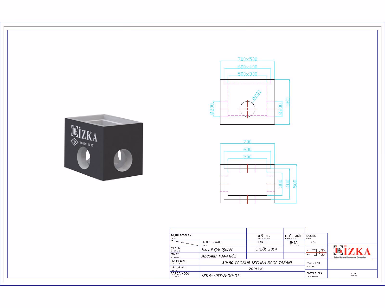 30x50x200mm Yağmur Izgara Baca Tabanı Teknik Çizim