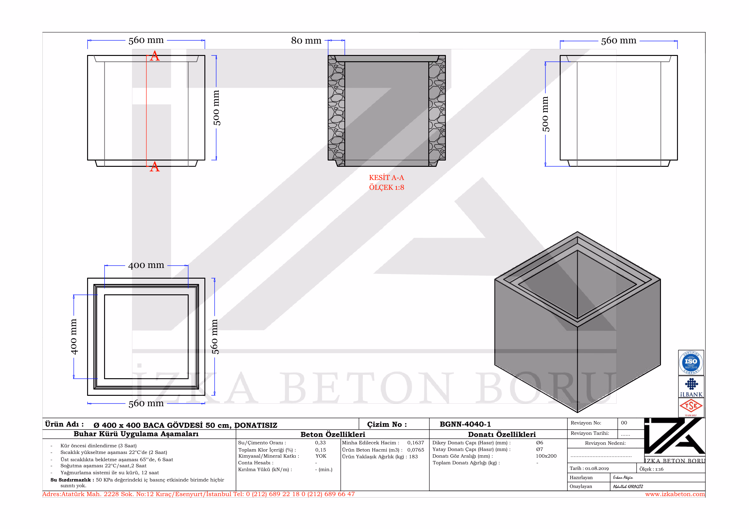 40x40x500mm Yağmur Izgara Baca Gövdesi Teknik Çizim