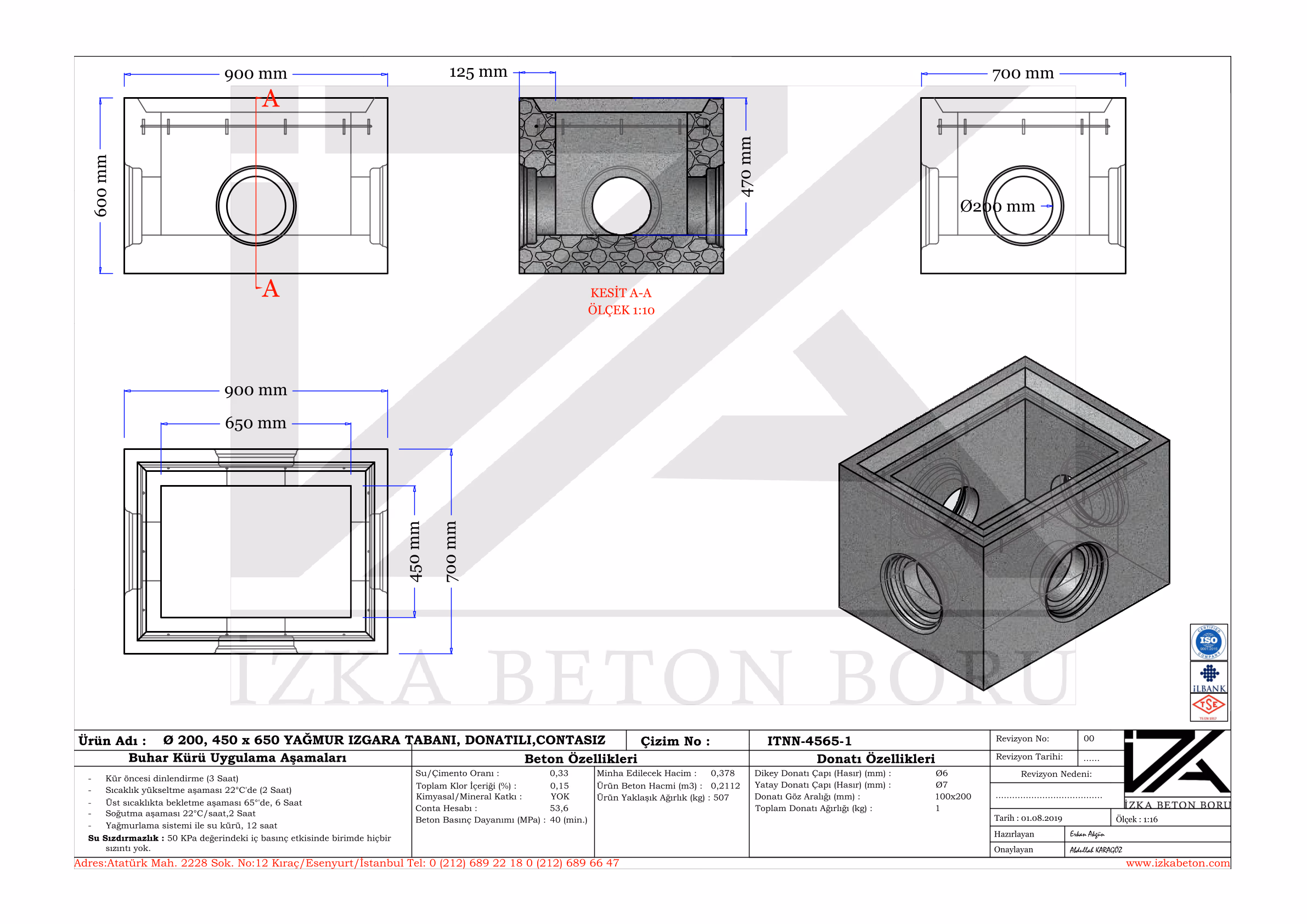 45x65x200mm Yağmur Izgara Baca Tabanı Teknik Çizim