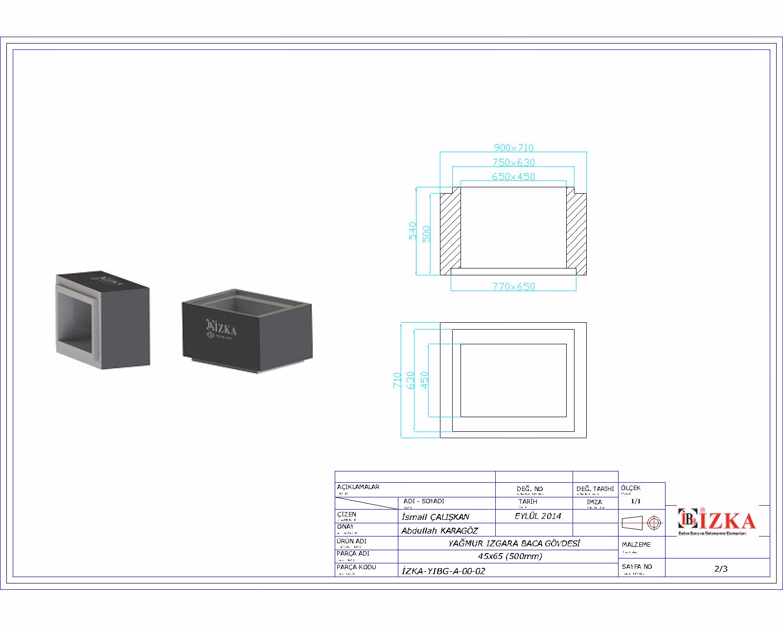 45x65x500mm Yağmur Izgara Baca Gövdesi Teknik Çizim