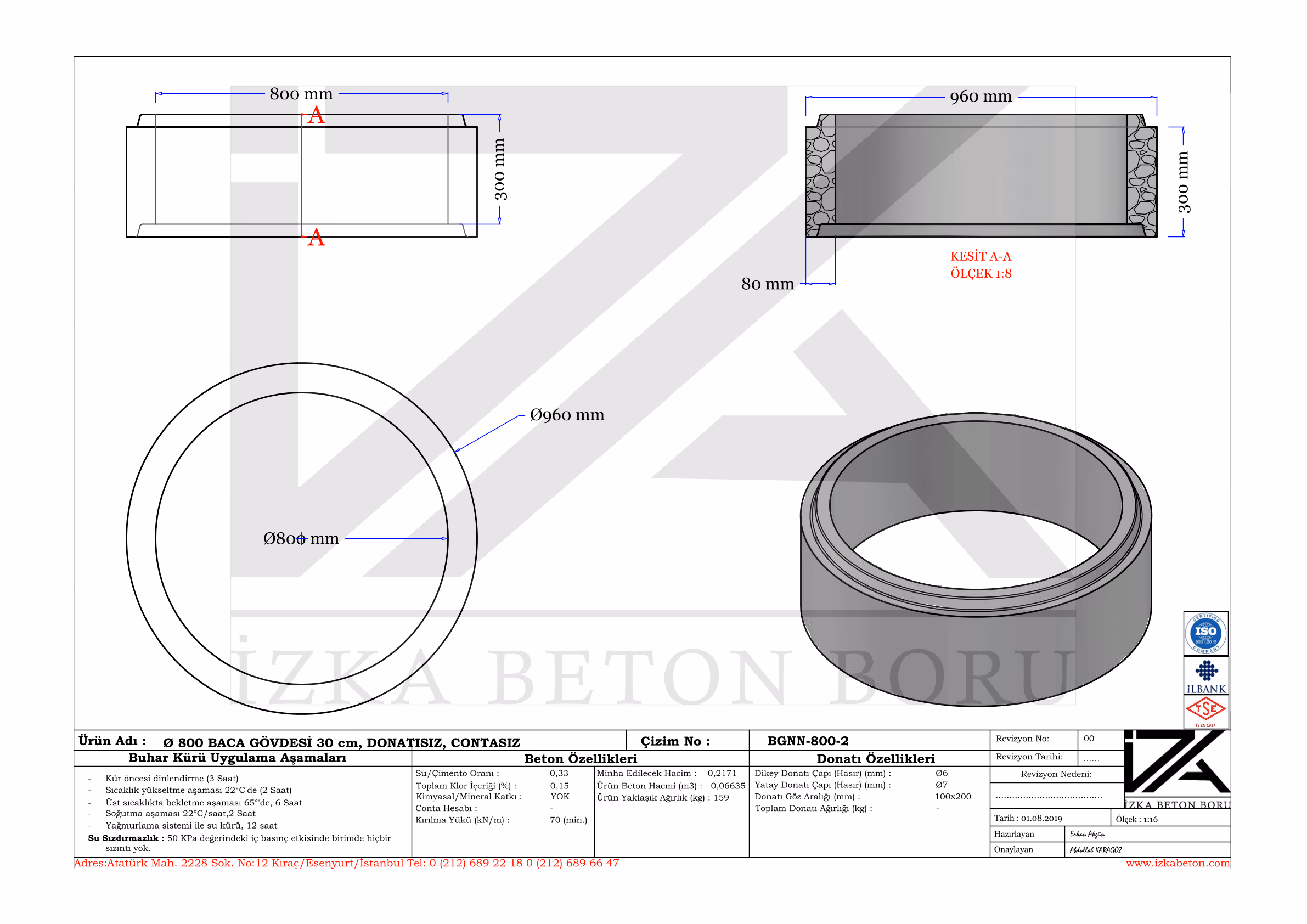 800mm Muayene Beton Baca Gövdesi 30cm Teknik Çizim