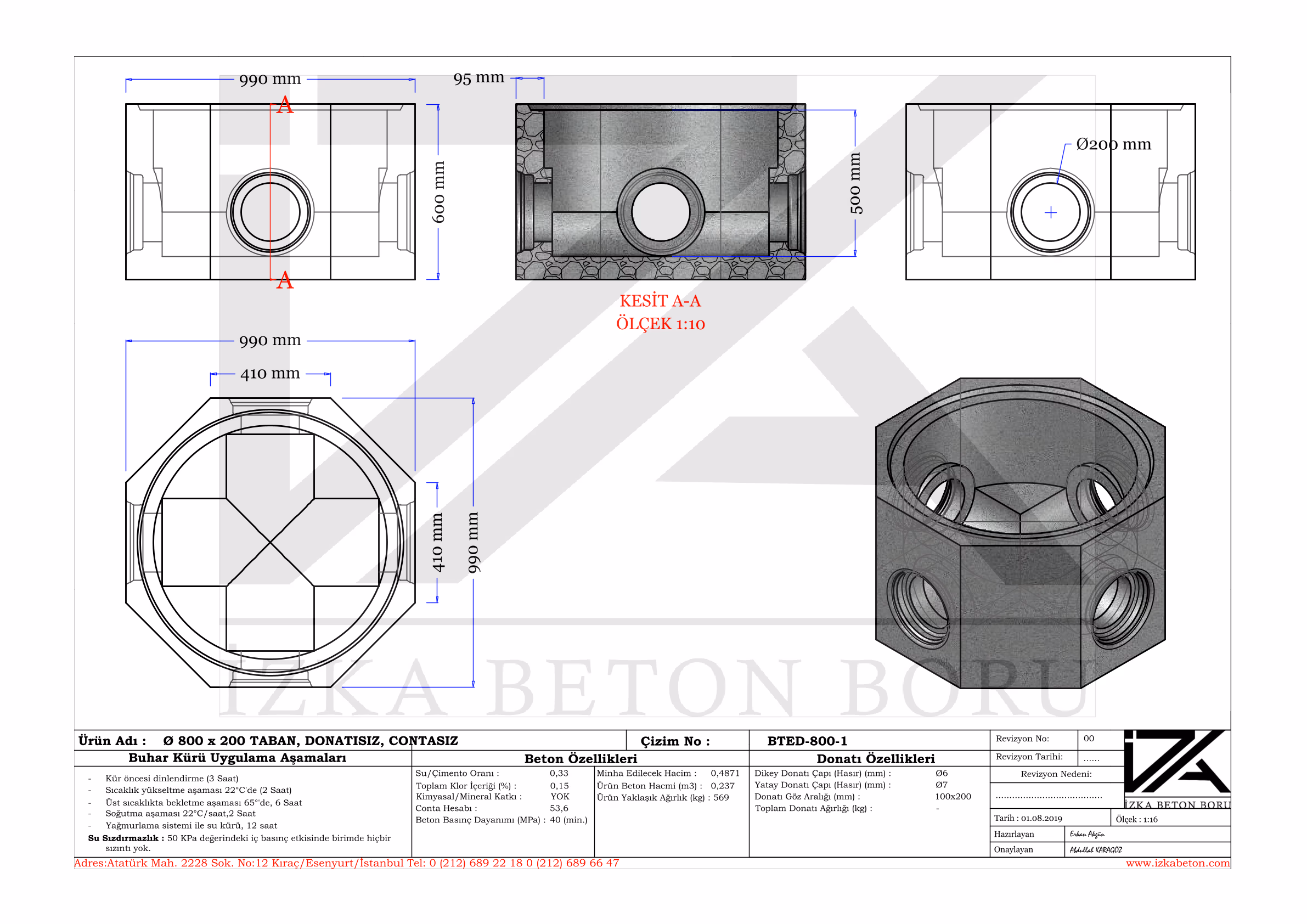 800x200mm Muayene Baca Tabanı Teknik Çizim