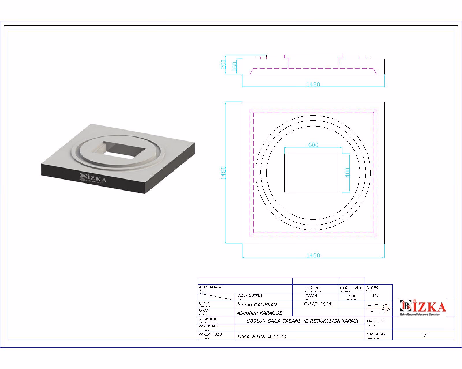 Q1000x800mm Rediksiyon Baca Kapağı Teknik Çizim