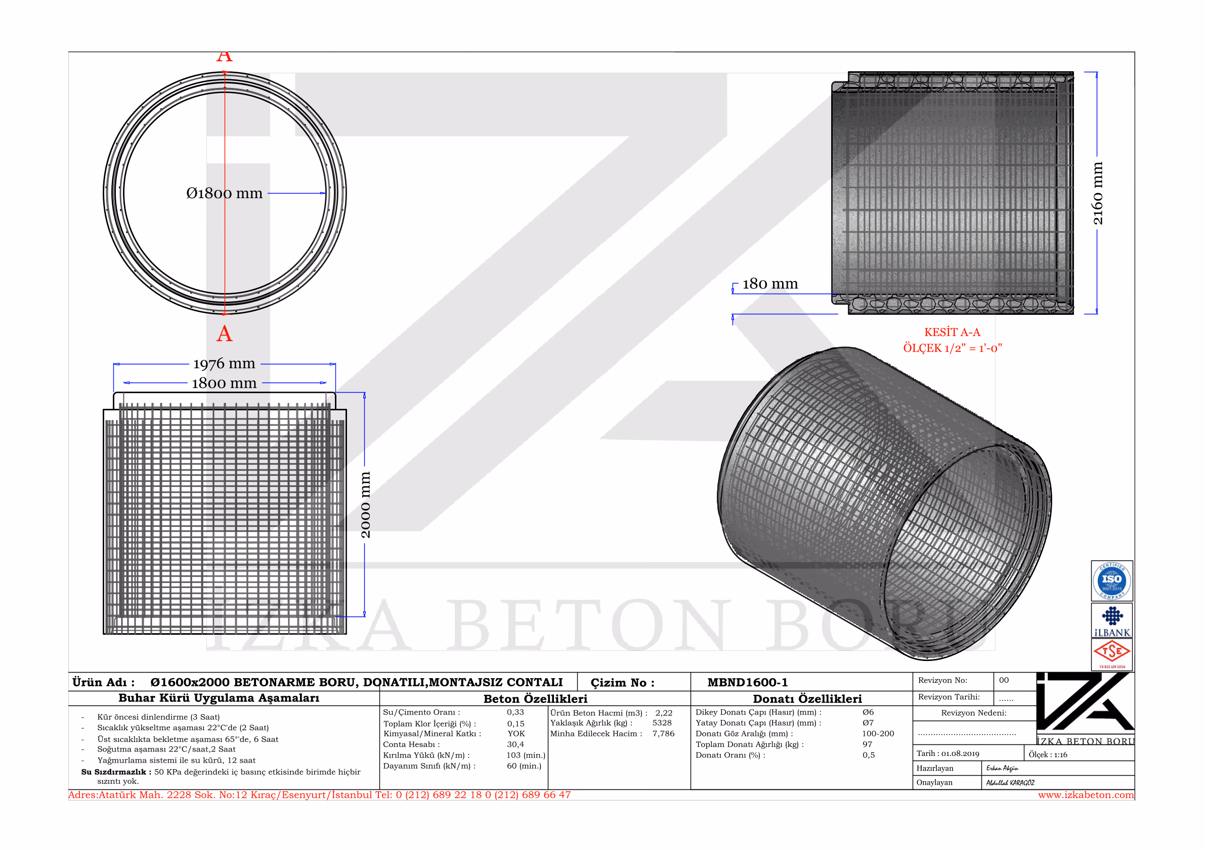 1800mm Lamba Zıvana Betonarme Boru Teknik Çizim