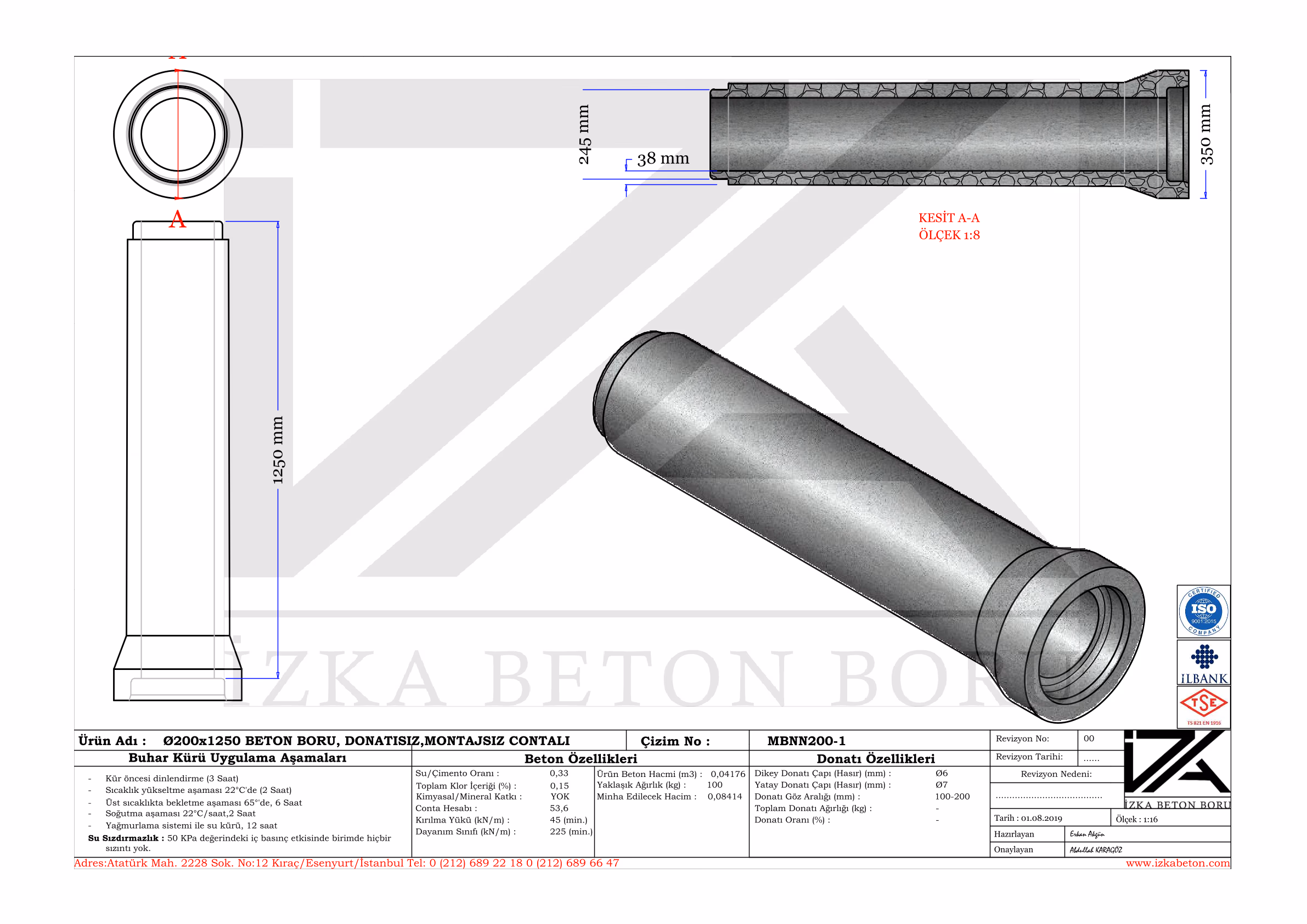 Q200mm Entegre Beton Boru Teknik Çizim