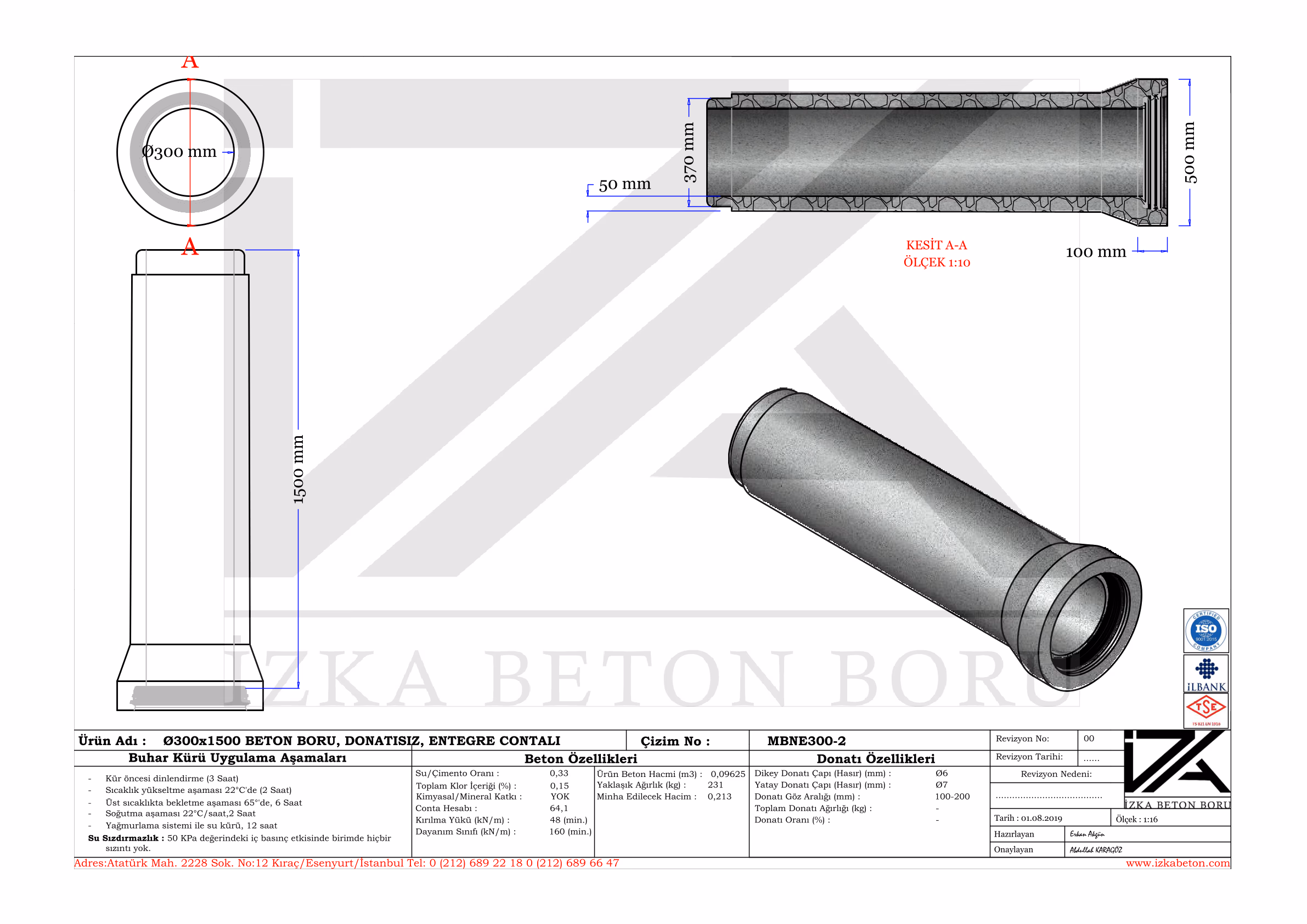 Q300mm Entegre Beton Boru Teknik Çizim