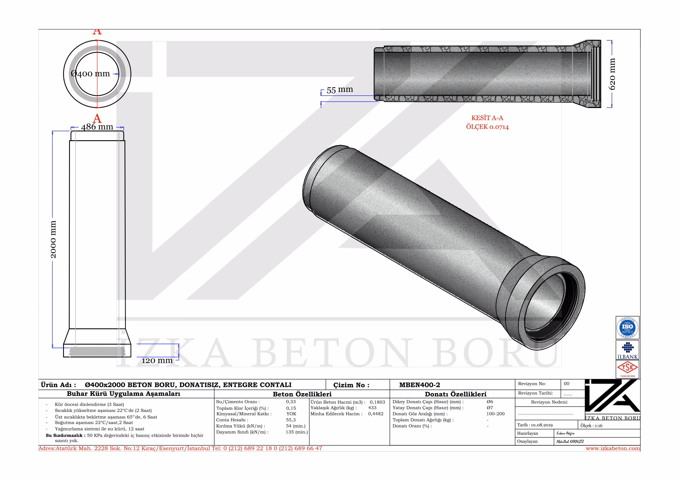 Q400mm Entegre Beton Boru Teknik Çizim
