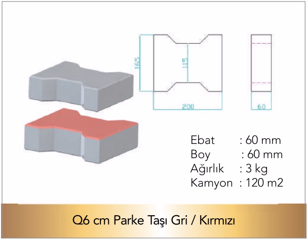 Q6cm Parke Taşı Gri/Kırmızı Teknik Çizim